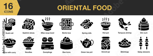 Oriental Food solid icon set. Includes cuisine, delicious, restaurant, bowl, rice, and More. Solid icons vector collection.