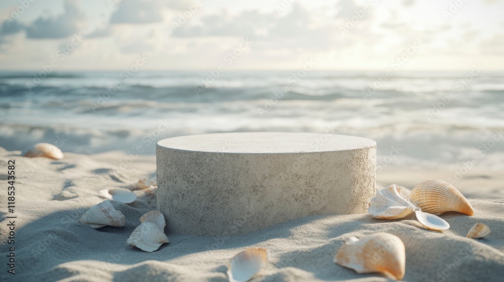 Seashell Decor on Sandy Beach Podium - Summer Minimalist Mockup Seashell Decor on Sandy Beach Podium - Summer Minimalist Mockup