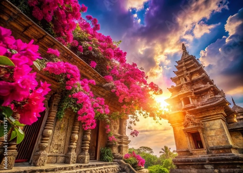 Panoramic View of Temple with Vibrant Bougainvillea Flowers photo