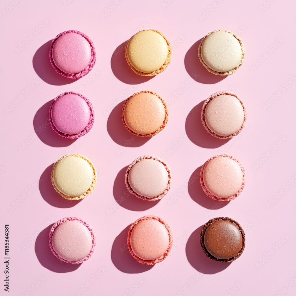Pastel Macarons Arranged on Pink Background - Delightful Sweet Treat Flat Lay Pastel Macarons Arranged on Pink Background - Delightful Sweet Treat Flat Lay