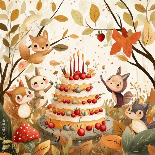 Adorable Squirrels Celebrate Birthday Cake Autumn Scene