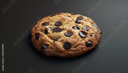 A single chocolate chip cookie with chocolate chips on a dark background. photo