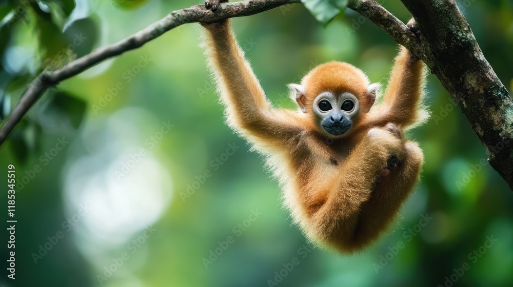 Fototapeta premium Adorable golden langur monkey baby hanging on a tree branch in lush green forest.