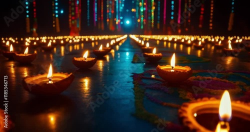 Capture a vibrant real picture of Diwali celebrations, featuring glowing oil lamps, colorful rangoli designs, and festive lights that illuminate the joyful spirit of the Festival of Lights.