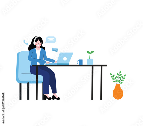 Business illustration concept. Customer service is doing work calling, replying messages, and emails. Vector Illustration