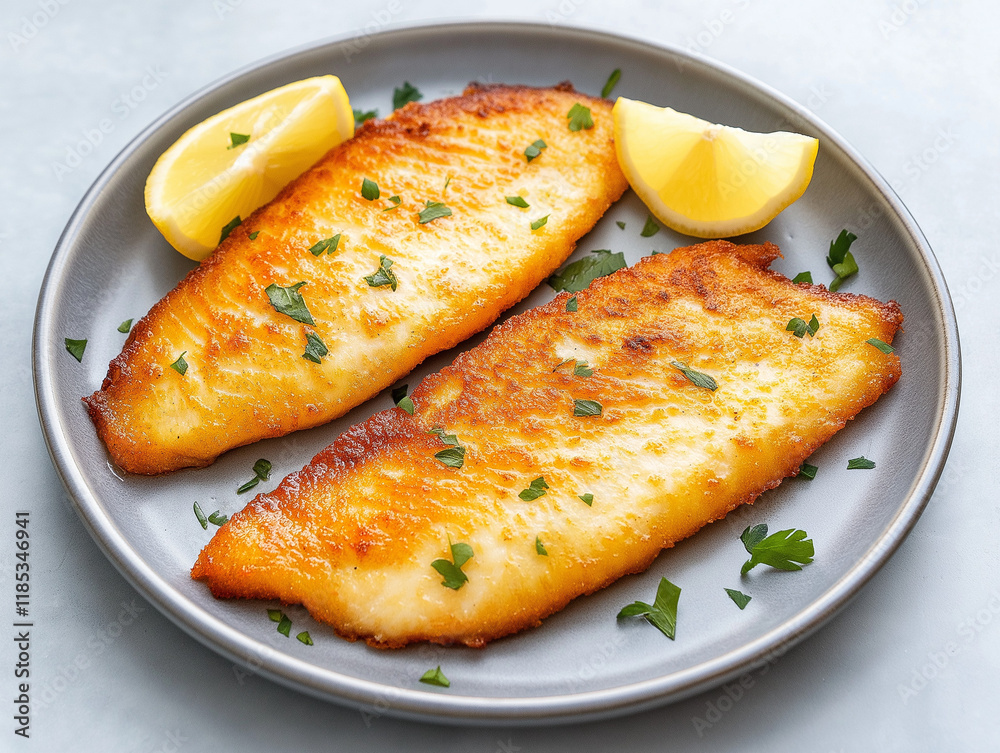 Stone Plate Serves Fried Catfish Fillet with Lemon Butter Stone Plate Serves Fried Catfish Fillet with Lemon Butter