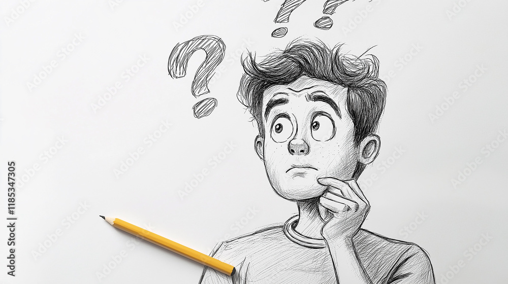 Pensive student thinking and wondering with question marks drawn above his head Pensive student thinking and wondering with question marks drawn above his head