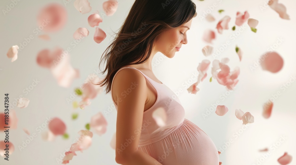 Expecting mother surrounded by floating pink petals in serene indoor setting. Expecting mother surrounded by floating pink petals in serene indoor setting.