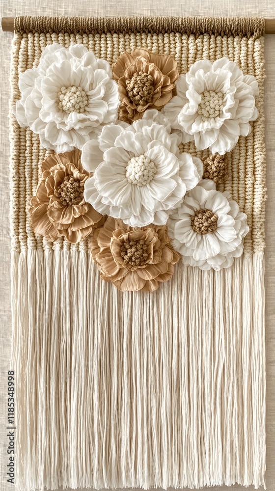Beige and White Floral Woven Wall Hanging Illustration Beige and White Floral Woven Wall Hanging Illustration