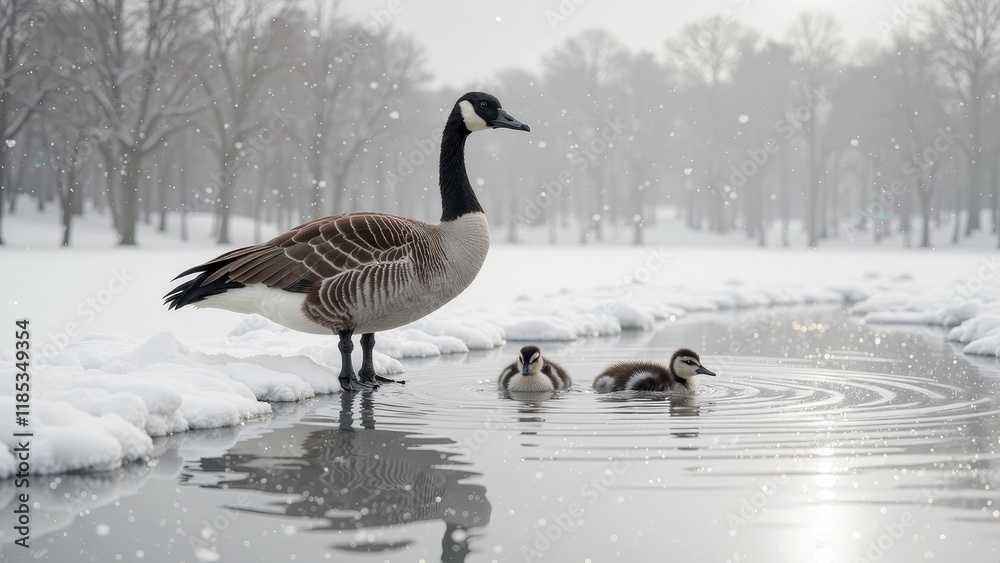 Fototapeta premium A majestic Canadian goose stands at the water's edge, its sleek black neck gazing to the right as it surveys its surroundings amidst a mottled brown and white coat