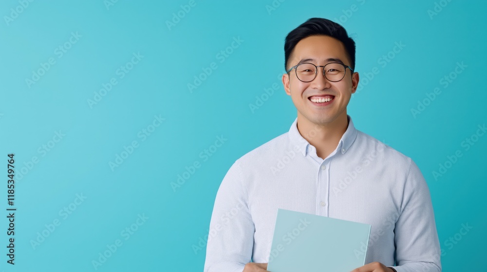Smiling man holding document in front of bright blue background during indoor photo session. Smiling man holding document in front of bright blue background during indoor photo session.