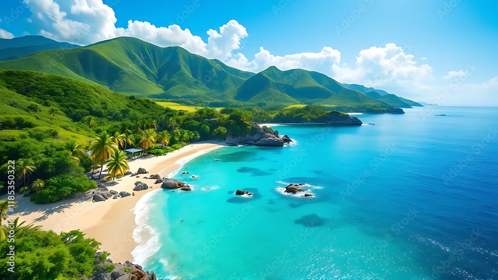 Obraz premium Beach Aerial View. Island Landscape of popular tourist destination. island country in the Atlantic Ocean.