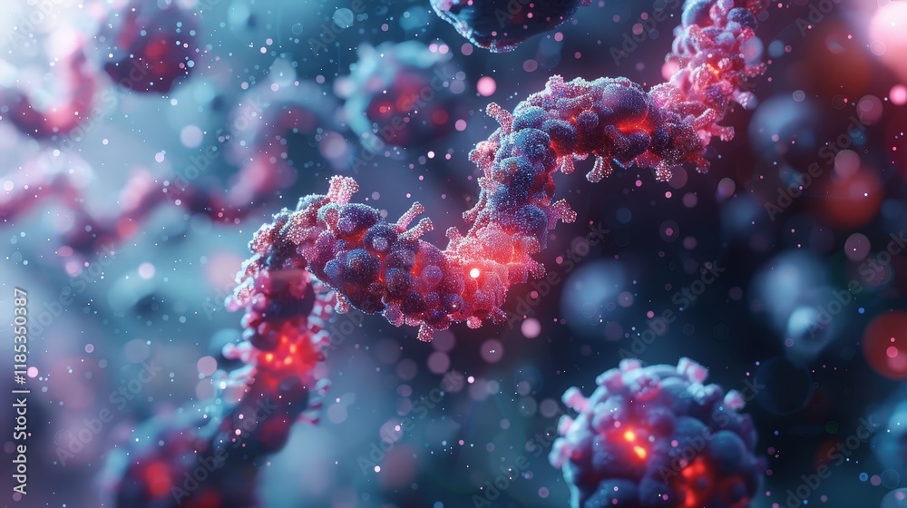 Microscopic view of gene therapy in action; vibrant colors illuminate DNA strand. Microscopic view of gene therapy in action; vibrant colors illuminate DNA strand.