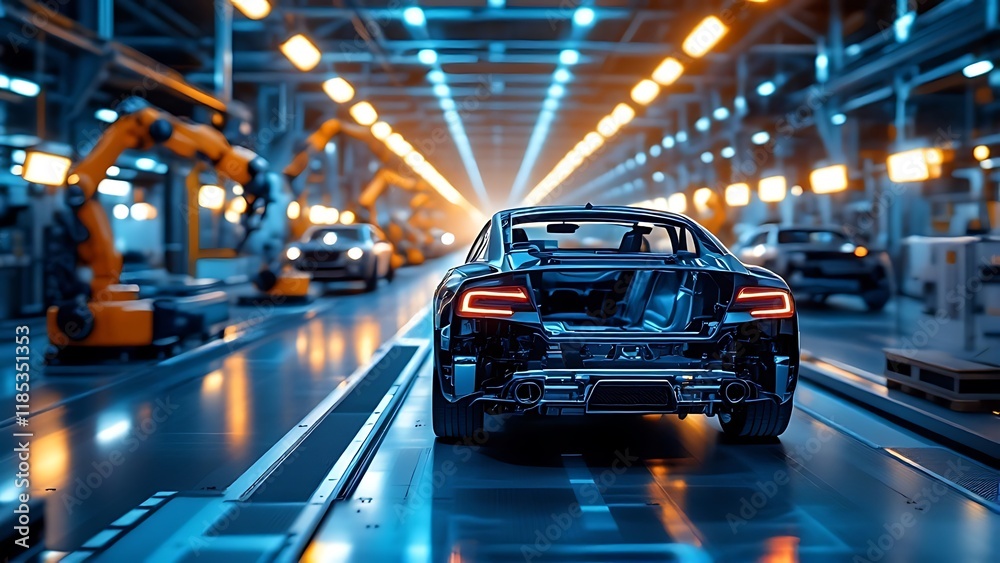 Car frame in an automotive factory on an assembly line. Car frame in an automotive factory on an assembly line.