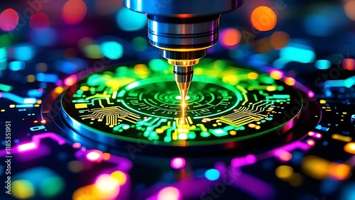 Extreme ultraviolet lithography (EUV) process in AI chip manufacturing, showing a silicon wafer being etched with precise patterns, with high-tech EUV machinery and laser beams in the background.