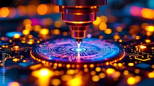 Extreme ultraviolet lithography (EUV) process in AI chip manufacturing, showing a silicon wafer being etched with precise patterns, with high-tech EUV machinery and laser beams in the background. photo