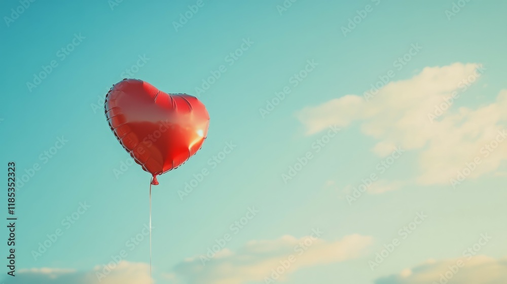 Fototapeta premium Red heart-shaped balloon floats gently against a serene pastel sky.