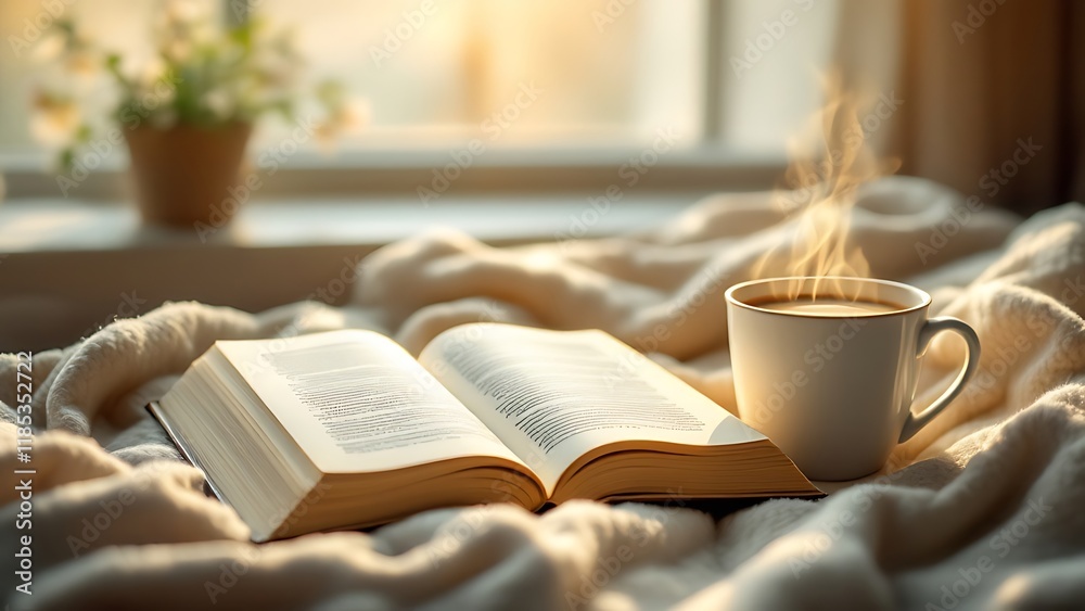 Cozy scene with an open book and coffee cup on a blanket by a window, with soft morning light. Cozy scene with an open book and coffee cup on a blanket by a window, with soft morning light.