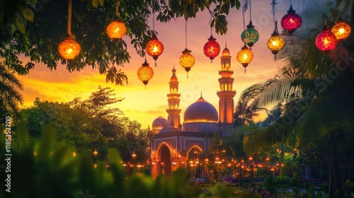 Festive Ramadan feast with dates, sweets, and lanterns. A variety of traditional Middle Eastern desserts, dates, and nuts photo