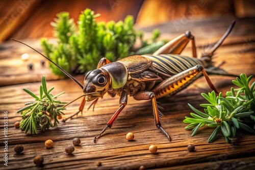 Realistic 3D Render of a Field Cricket on a Rustic Wooden Table with Herbs photo