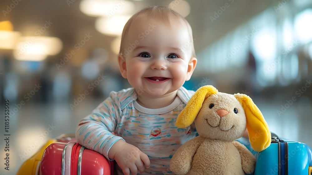 Happy baby traveling with luggage and toy in airport terminal