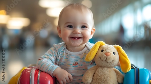 Obraz na płótnie Happy baby traveling with luggage and toy in airport terminal w salonie