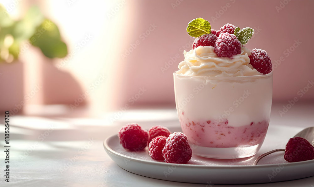 Sunlit raspberry dessert, creamy, studio Sunlit raspberry dessert, creamy, studio