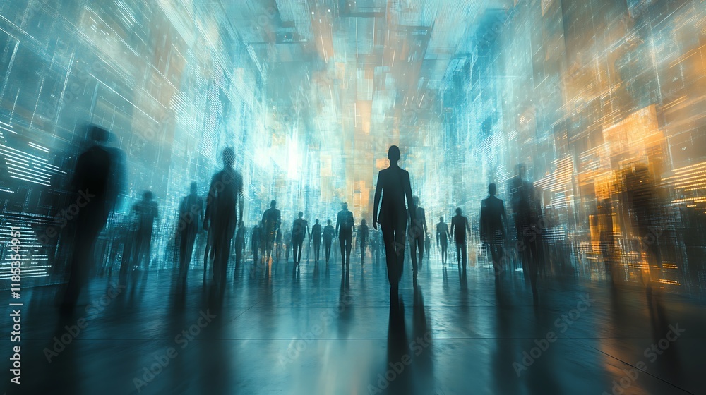 Digital gathering of silhouetted figures in a futuristic environment Digital gathering of silhouetted figures in a futuristic environment