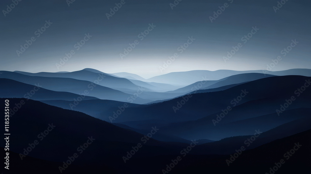 Obraz premium Blue Ridge Serenity: A mesmerizing panorama of rolling hills bathed in a soft, ethereal light. The deep blue hues and misty atmosphere evoke a sense of tranquility and introspection.