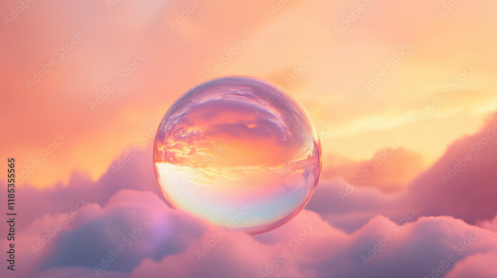 A mesmerizing shot of a floating crystal balloon resembling a prism, drifting through soft peach and coral-colored clouds during sunrise, refracting light into a cascade of vibrant rainbow hues. The b A mesmerizing shot of a floating crystal balloon resembling a prism, drifting through soft peach and coral-colored clouds during sunrise, refracting light into a cascade of vibrant rainbow hues. The b