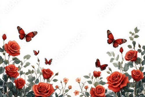 Red butterflies and roses with green foliage on white background
