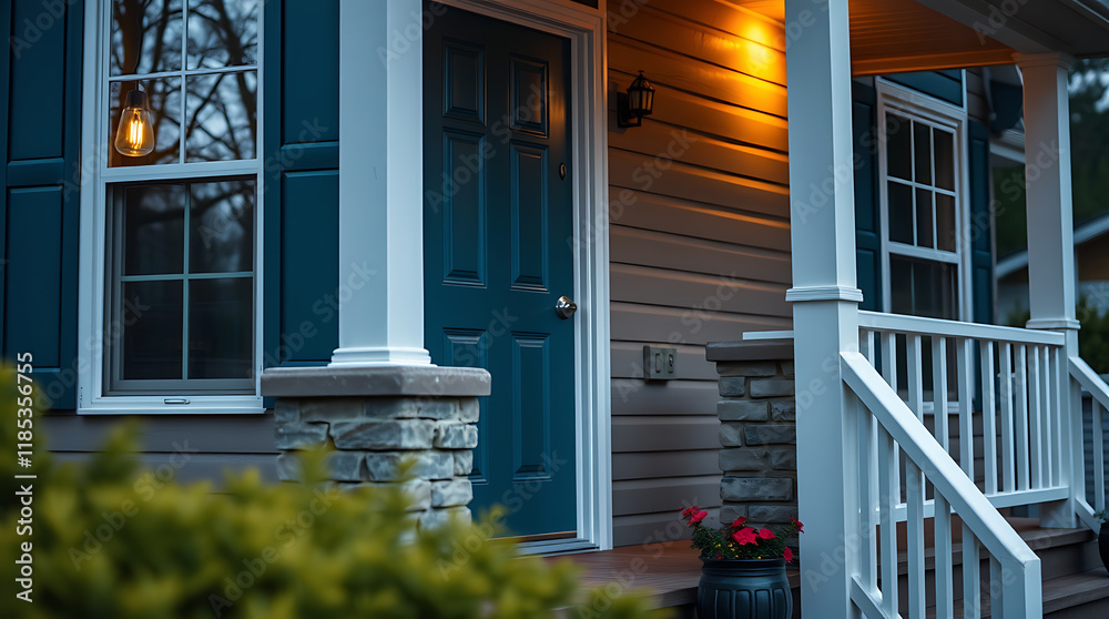 Fototapeta premium Evening view of a house exterior, featuring a teal front door, white porch railing, stone pillars, and a window with dark blue shutters. Warm light illuminates the porch area.