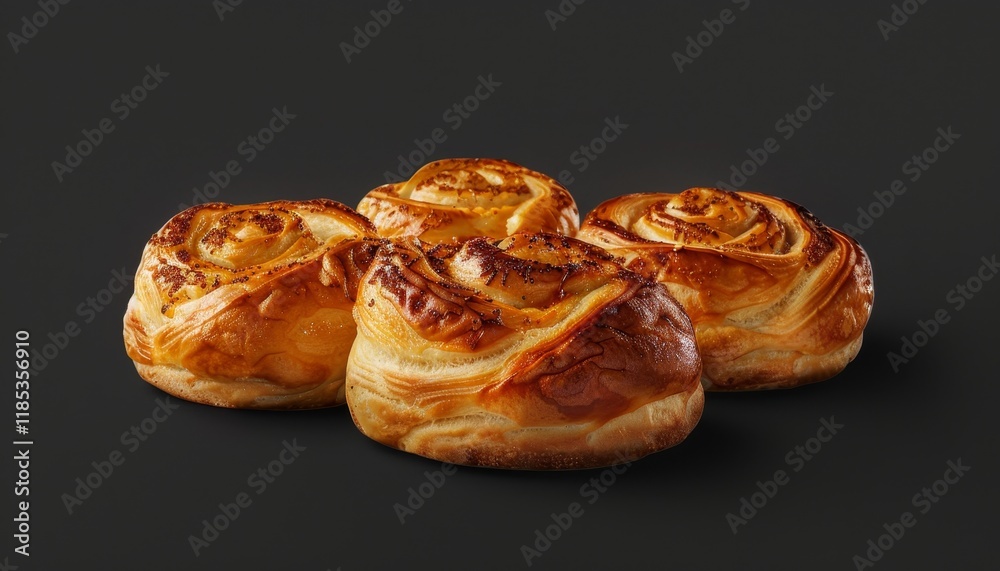 Four golden brown pastries with a swirl design, isolated on a black background. Four golden brown pastries with a swirl design, isolated on a black background.