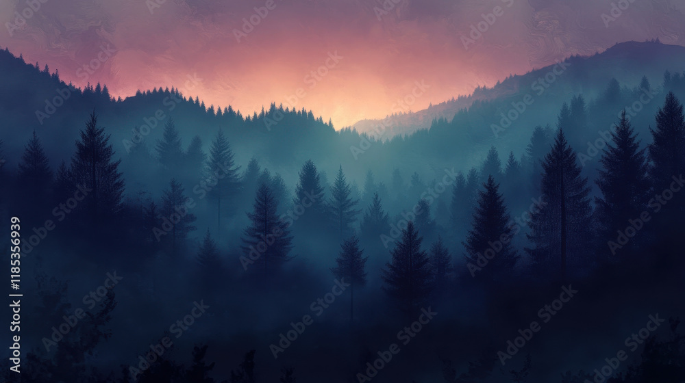 Obraz premium Dreamy Forest Silhouette at Dusk: A serene landscape painting capturing the ethereal beauty of a misty forest bathed in the soft glow of a setting sun.