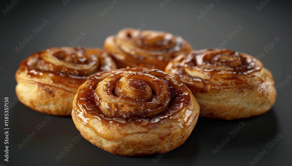 Four golden brown cinnamon rolls with a sweet glaze, arranged in a semi-circle on a black surface. Four golden brown cinnamon rolls with a sweet glaze, arranged in a semi-circle on a black surface.