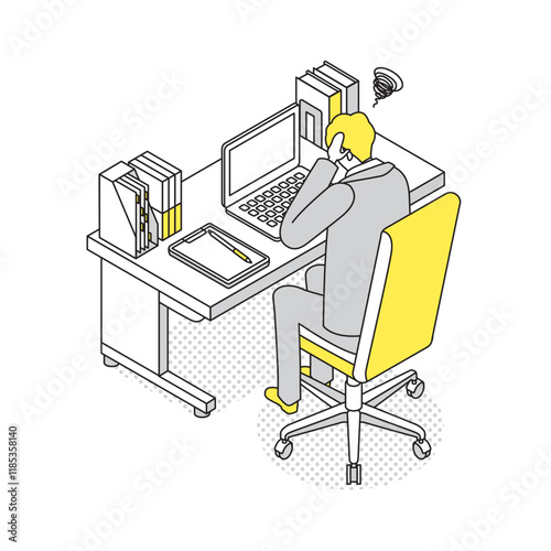 アイソメトリック_仕事がうまくいかず頭を抱える男性