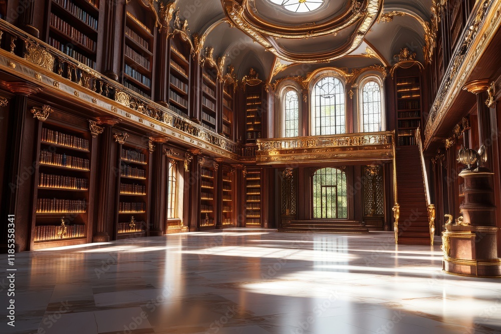 Obraz premium Grand european library hall with ornate architecture and sunlit interior