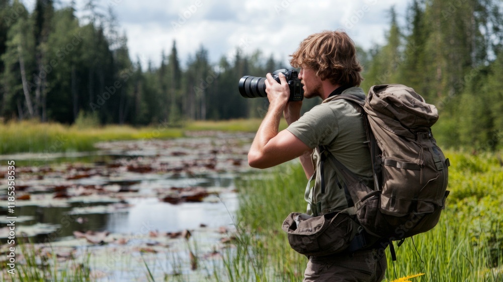 Photographer capturing nature's beauty in a tranquil swamp Photographer capturing nature's beauty in a tranquil swamp