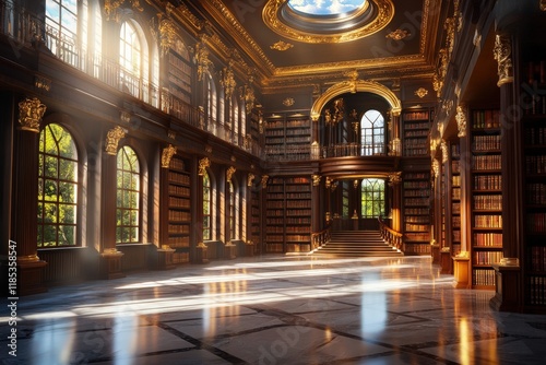 Grand library interior with sunlit arched windows and ornate bookshelves