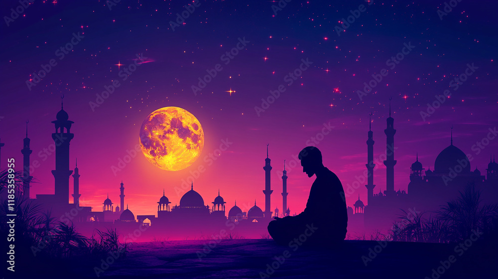 Naklejka premium Silhouetted figure praying during Ramadan under a vibrant moonlit sky