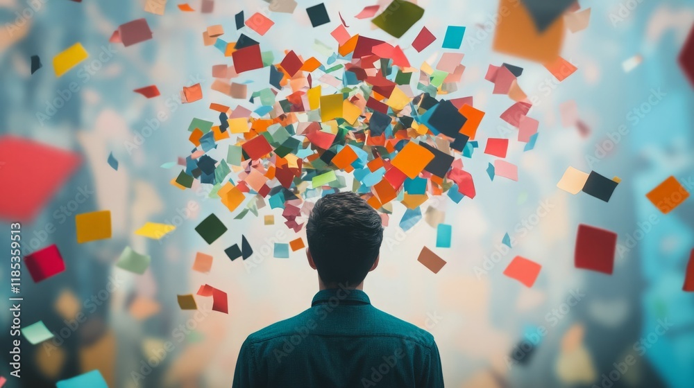 Man surrounded by colorful falling papers, contemplating ideas. Man surrounded by colorful falling papers, contemplating ideas.
