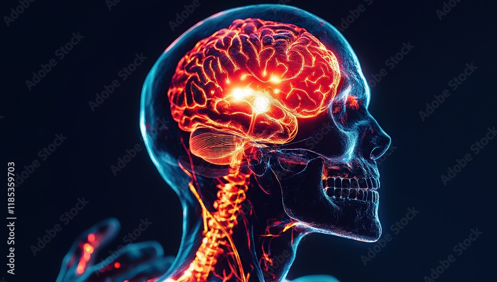 A human skull with glowing red veins, a close-up shot, with the background in dark blue and black. A human skull with glowing red veins, a close-up shot, with the background in dark blue and black.