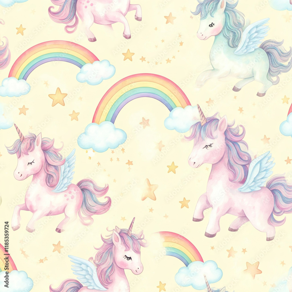 Seamless cartoon pattern, cute and refreshing with soft pastel colors, hand-painted watercolor style, elegant and artistic, soft light, perfect for textile design ลายผ้า Seamless cartoon pattern, cute and refreshing with soft pastel colors, hand-painted watercolor style, elegant and artistic, soft light, perfect for textile design ลายผ้า