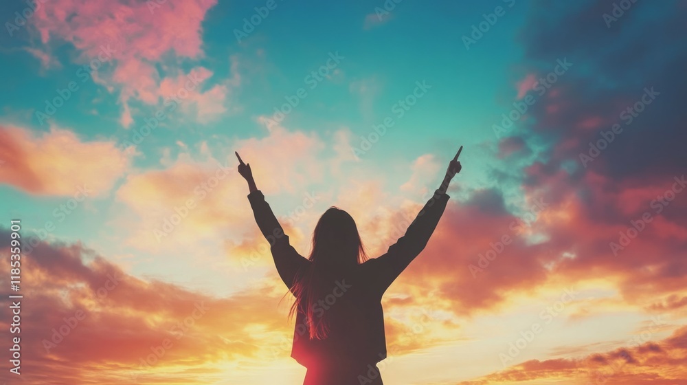 Silhouette of a woman with arms raised against a vibrant sunset. Silhouette of a woman with arms raised against a vibrant sunset.