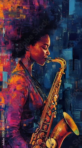 Abstract Saxophonist: A vibrant portrait of a female jazz musician
