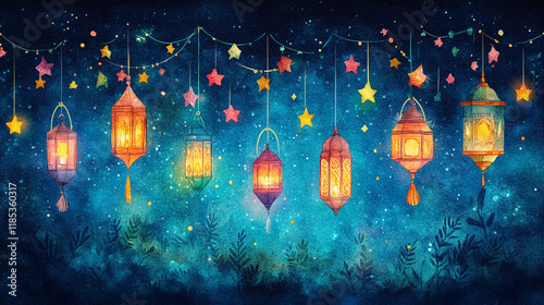 Beautiful decorative lanterns and stars for Ramadan celebration at night