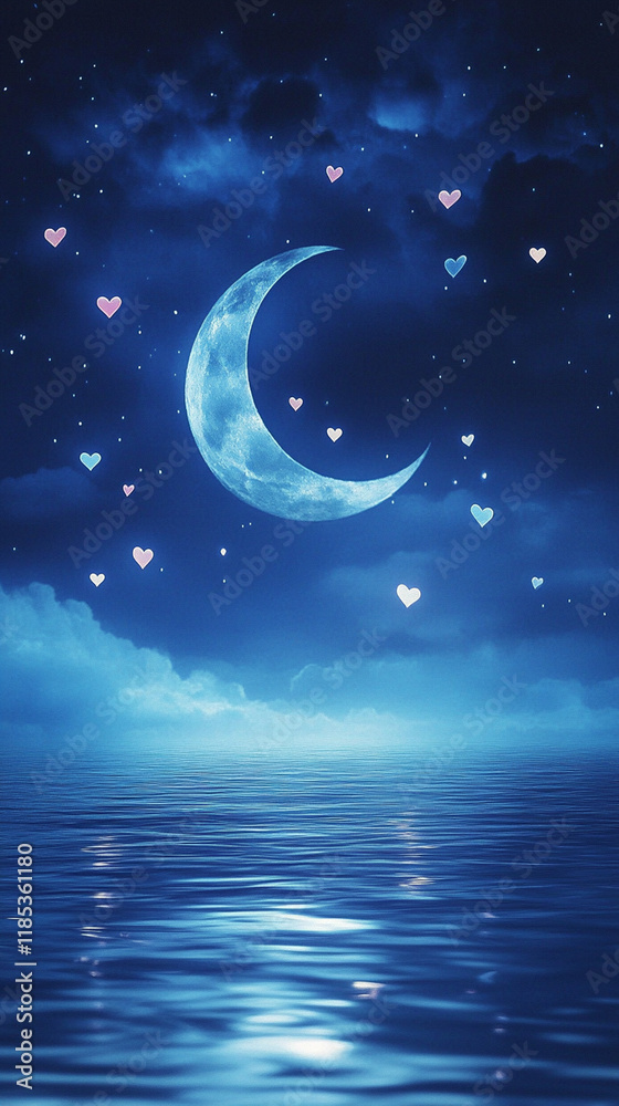 Obraz premium Beautiful Night Sky with Moon and Hearts