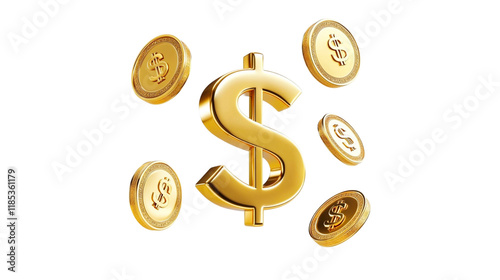 Realistic golden dollar sign and Explosion of gold coins png on transparent background photo