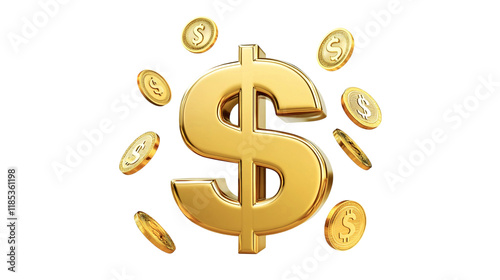 Realistic golden dollar sign and Explosion of gold coins png on transparent background