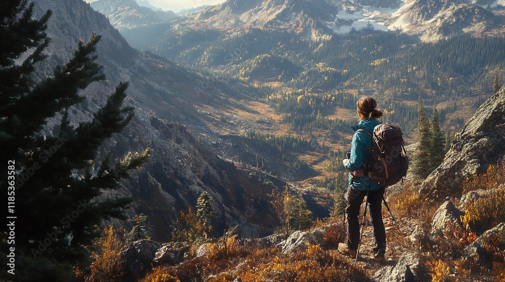 Woman hiker pauses on mountain peak, enjoying scenic autumn valley view. Woman hiker pauses on mountain peak, enjoying scenic autumn valley view.